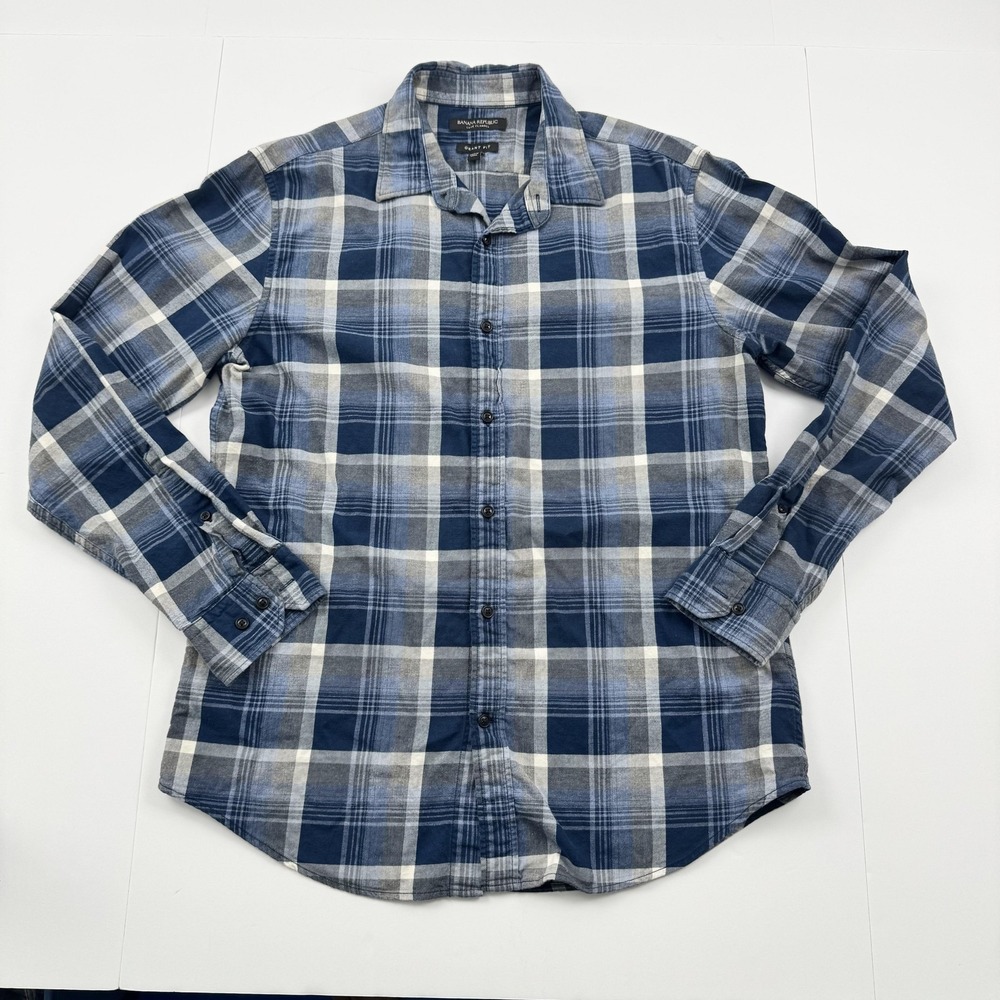 Banana Republic Shirt Mens Large Blue Gray Plaid Luxe Flannel Grant Fit Casual